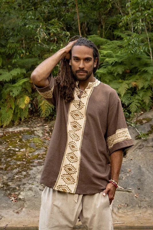 MAHADI Mens Brown Shamanic Top Ceremony Shirt Natural Cotton Block Printed Tribal Patterns Ritual Festival Boho Wedding Best Man AJJAYA Trendy Men's Oversized