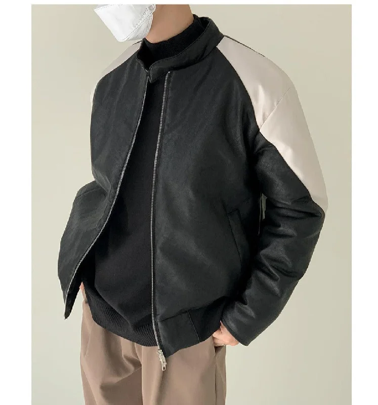 Full Zip Color Block Leather Jacket Luxurious Men's High