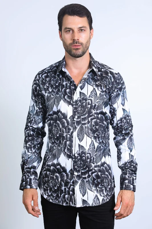 Mens Modern Fit Stretch Foil Fashion White Shirt Modern Men's 