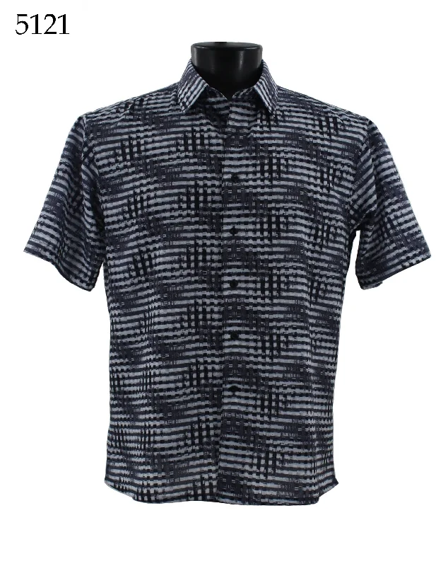 Bassiri Short Sleeve Button Down Casual Printed Men's Shirt - Abstract Pattern Navy Blue #5121 Relaxed Men's Australian 