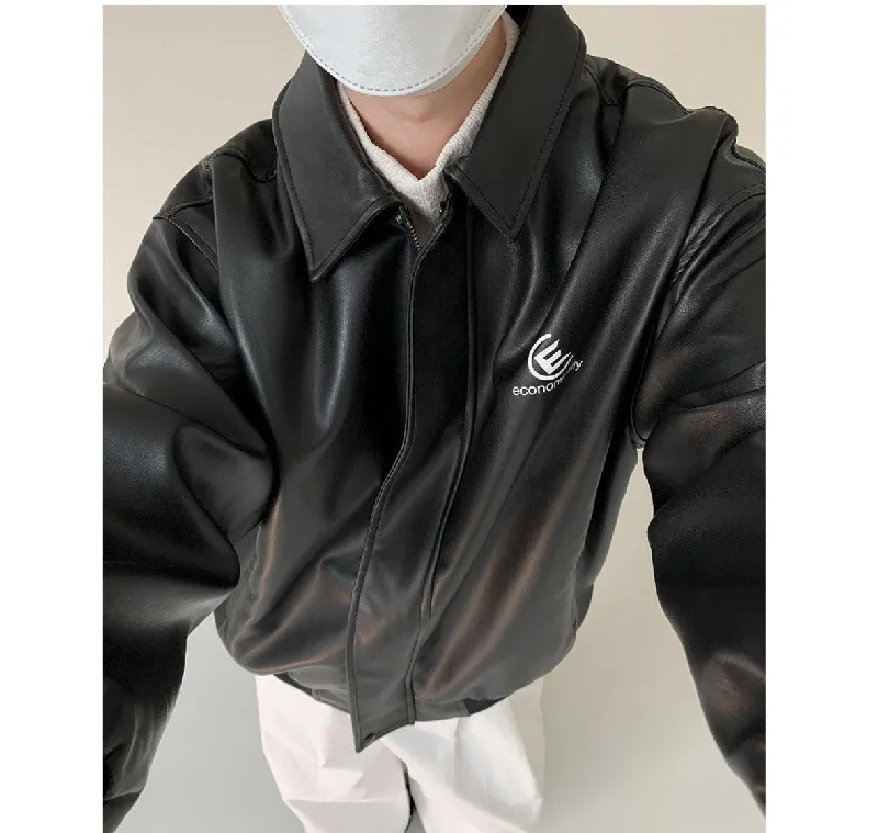 Shiny Black PU Leather Jacket Refined Men's Classic 
