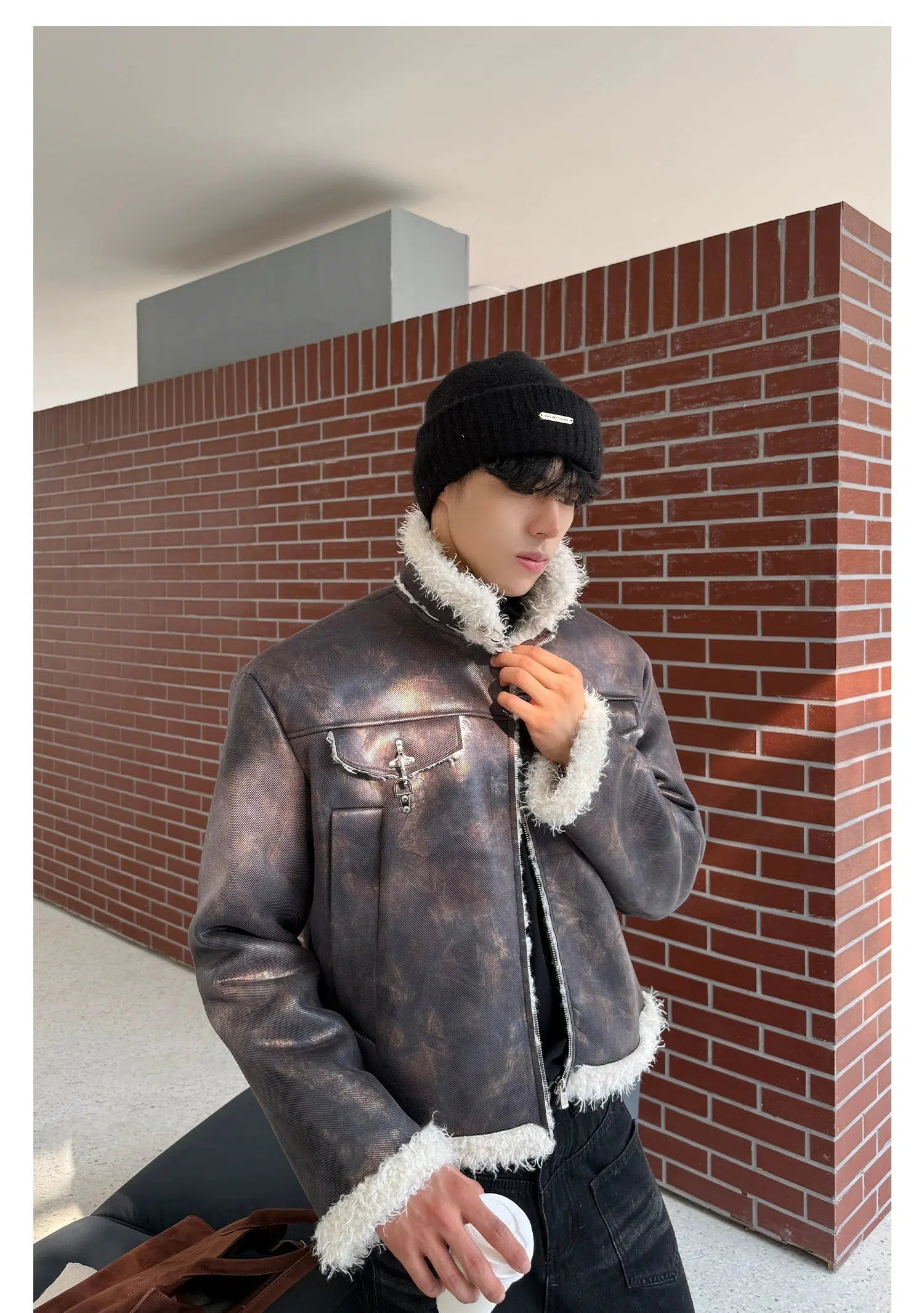 Zippered Pockets Shearling-Lined Jacket Tailored