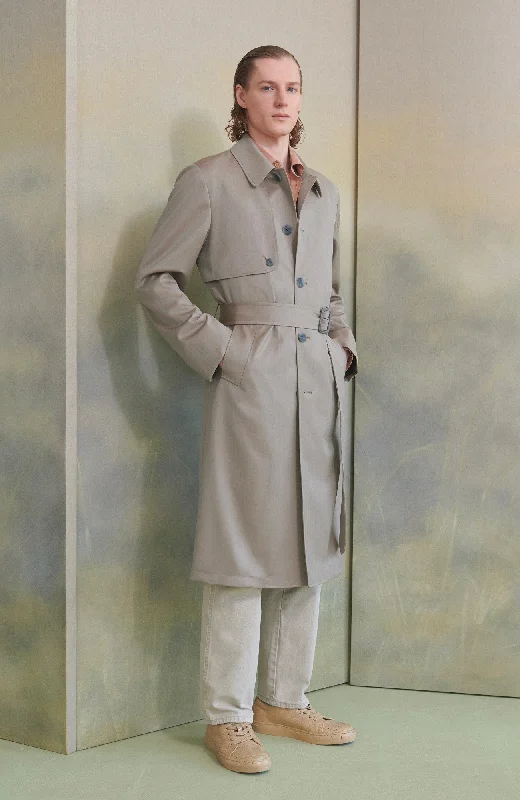 MAN-RAY KHAKI HERRINGBONE WOOL TRENCH COAT Polished Men's Satin