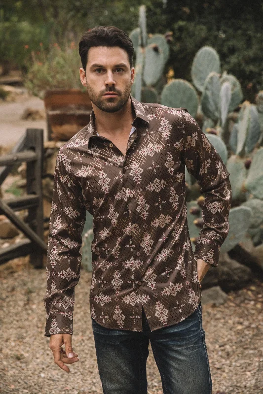 Mens Modern Fit Stretch Foil Fashion Brown Shirt Artistic Men's Hand