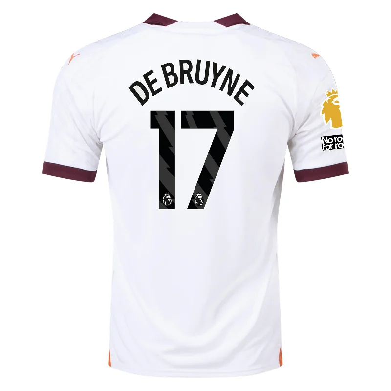 Puma Manchester City Kevin De Bruyne Away Jersey w/ EPL + No Room For Racism Patches 23/24 (Puma White/Aubergine) Artistic Men's Hand Puma Manchester City Kevin De Bruyne Away Jersey w/ EPL + No Room For Racism Patches 23/24 (Puma White/Aubergine) Artistic Men's Hand