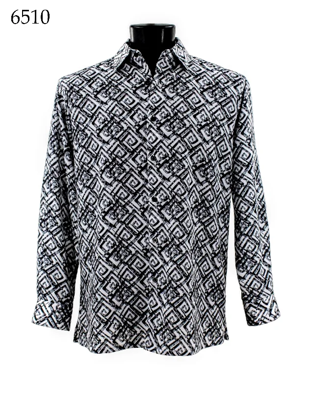 Bassiri Long Sleeve Button Down Casual Printed Men's Shirt -Geometric Pattern White #6510 Modern Men's Geometric