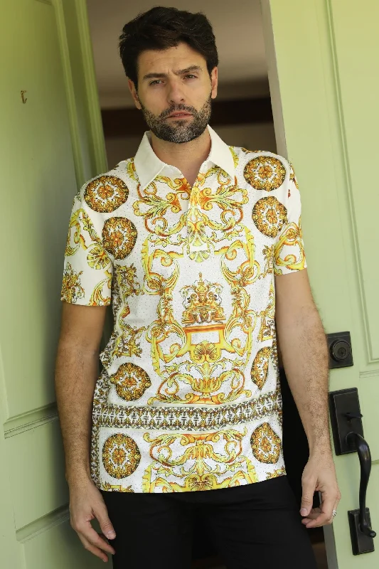 Mens Modern Fit Stretch Baroque Print Polo with Rhinestones Edgy Men's Punk