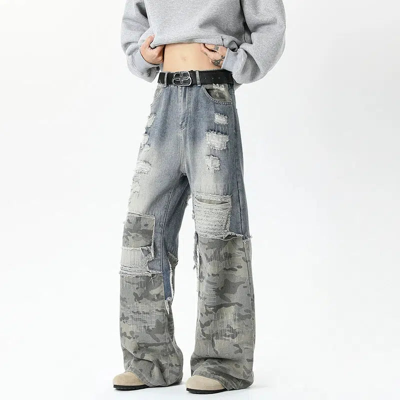 Distressed Patchwork Wide-Leg Jeans Sophisticated Men's French