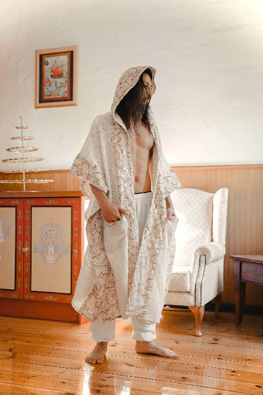 AYAWA Beige Cream Hooded Kimono Cape Poncho Robe Shipibo Sacred Patterns Ceremony Ritual Shaman Tribal Shawl Viking Festival Wrap AJJAYA Cool Men's Skate