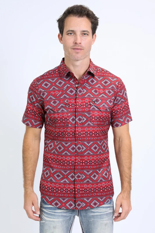 Mens Performance Western Short Sleeve Aztec Print Red Shirt Cool Men's Skate