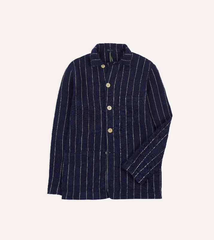 Navy Pinstripe Heavy Linen Five-Pocket Chore Jacket Laid
