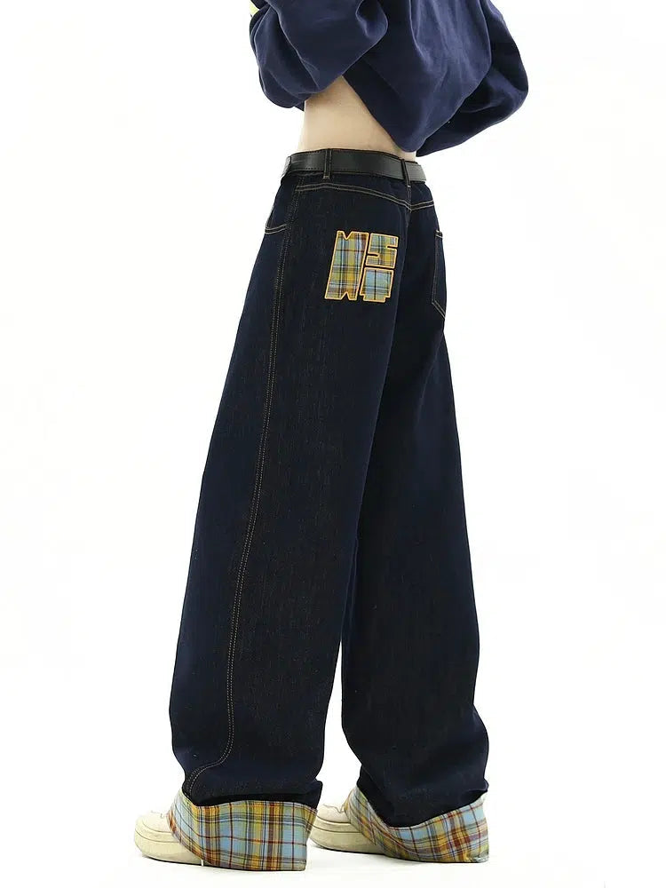 Retro Plaid Stitching Wide-Leg Jeans Bold Men's Statement