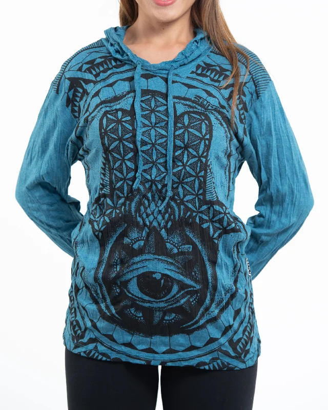 Unisex Hamsa Eye Hoodie in Denim Blue Modern Men's Tech