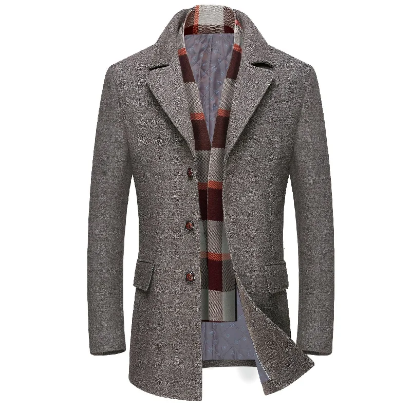 Gentlemen WOOL Pea COAT WITH SCARF Hip Men's Urban