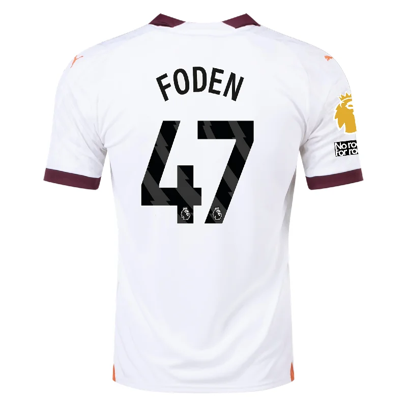 Puma Manchester City Phil Foden Away Jersey w/ EPL + No Room For Racism Patches 23/24 (Puma White/Aubergine) Athletic Men's High Puma Manchester City Phil Foden Away Jersey w/ EPL + No Room For Racism Patches 23/24 (Puma White/Aubergine) Athletic Men's High