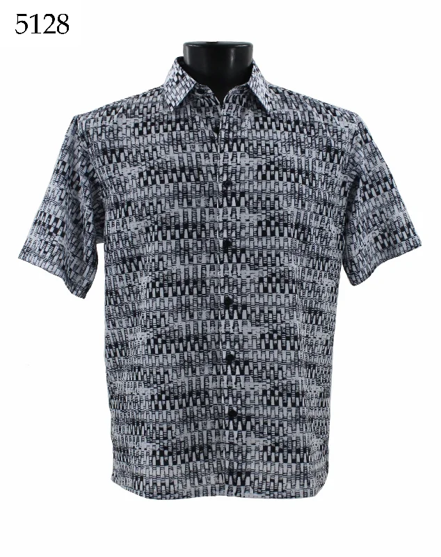 Bassiri Short Sleeve Button Down Casual Printed Men's Shirt - Abstract Pattern Black & White #5128 Dynamic Men's Glow