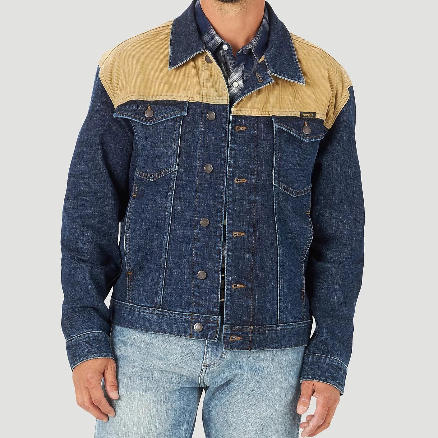 Wrangler Men's Contrast Corduroy Yoke Unlined Denim Jacket-Tigers Eye Cool Men's Skate
