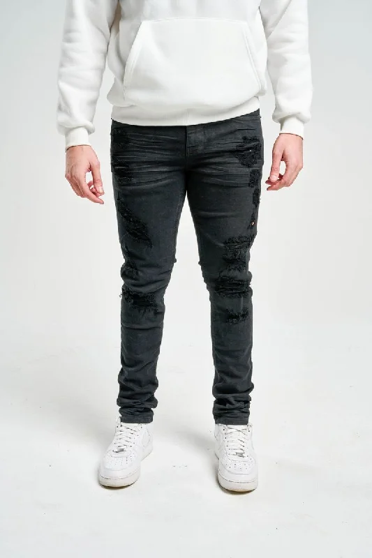 Spark Slim Fit Stretch Jeans with 3D Crinkle & Repair (Jet Black) Classic Men's Pin