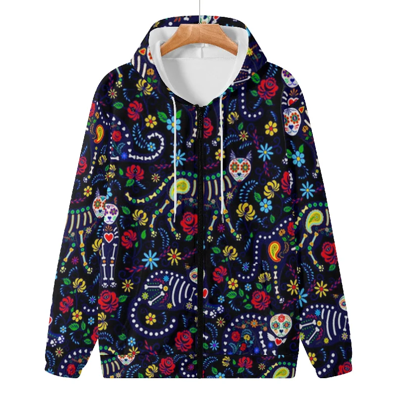 Sugar Skull Cat Print Zip Up Women or Men's Hoodie Dynamic Men's Moto