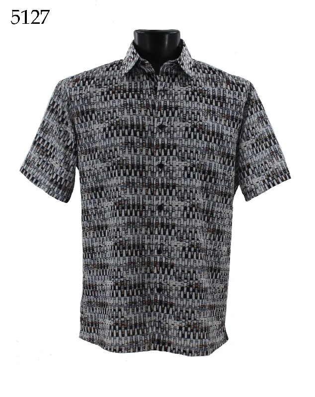 Bassiri Short Sleeve Button Down Casual Printed Men's Shirt - Abstract Pattern Brown #5127 Hip Men's Retro