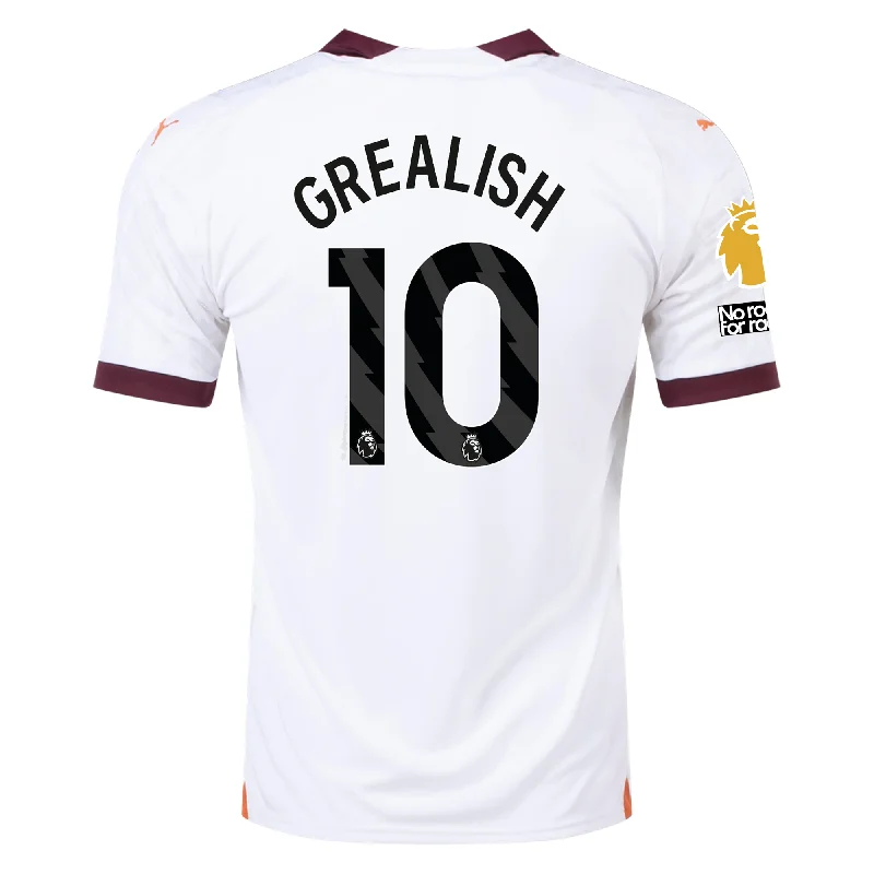 Puma Manchester City Jack Grealish Away Jersey w/ EPL + No Room For Racism Patches 23/24 (Puma White/Aubergine) Modern Men's Geometric Puma Manchester City Jack Grealish Away Jersey w/ EPL + No Room For Racism Patches 23/24 (Puma White/Aubergine) Modern Men's Geometric