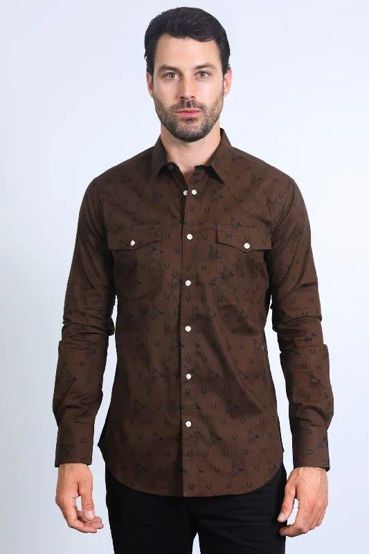 Mens Western Modern Fit Cotton/Spandex Long Sleeve Brown Shirt with Snaps Refined Men's Velvet Mens Western Modern Fit Cotton/Spandex Long Sleeve Brown Shirt with Snaps Refined Men's Velvet