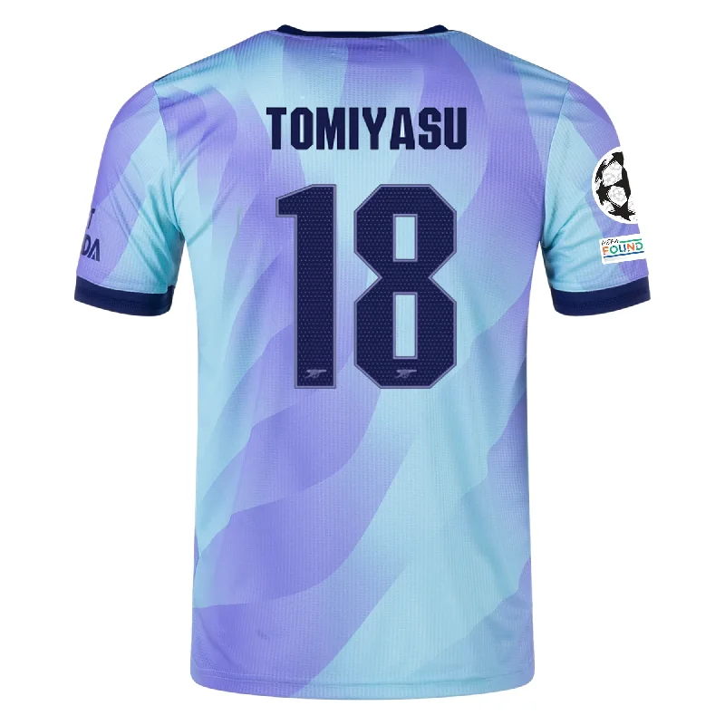 adidas Arsenal Authentic Takehiro Tomiyasu Third Jersey w/ Champions League Patches 24/25 (Clear Aqua/Light Flash Purple) Masculine Men's adidas Arsenal Authentic Takehiro Tomiyasu Third Jersey w/ Champions League Patches 24/25 (Clear Aqua/Light Flash Purple) Masculine Men's