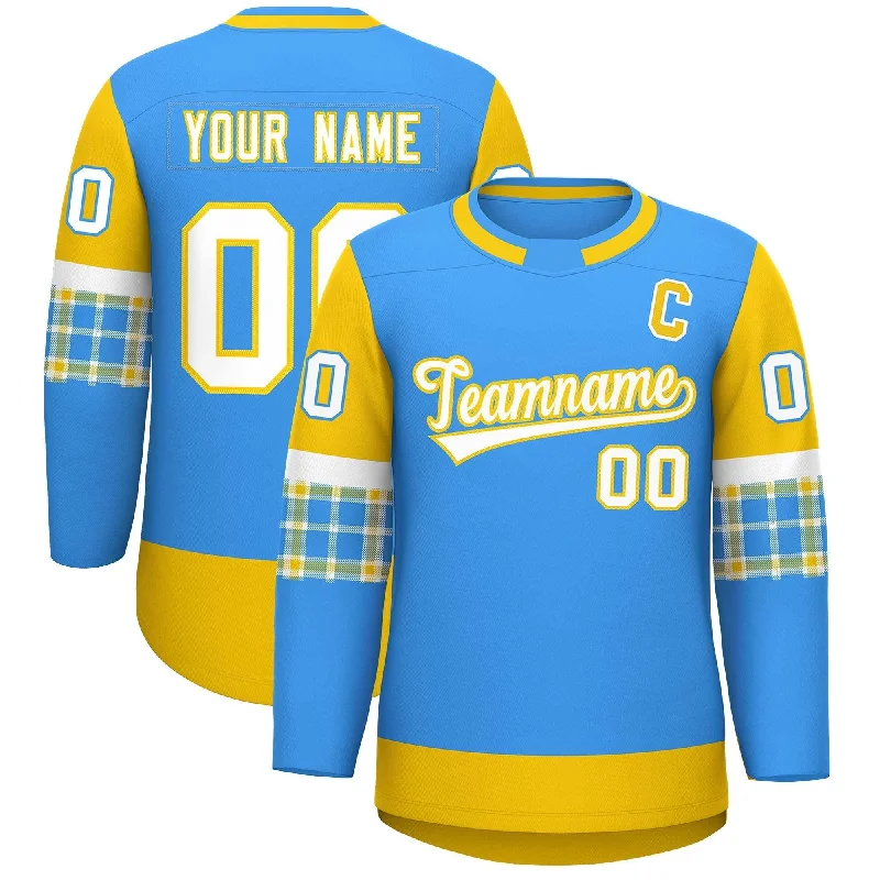 Custom Powder Blue Gold Personalized Raglan Sleeves Round-Neck Hockey Jersey Sleek Men's Contemporary Custom Powder Blue Gold Personalized Raglan Sleeves Round-Neck Hockey Jersey Sleek Men's Contemporary