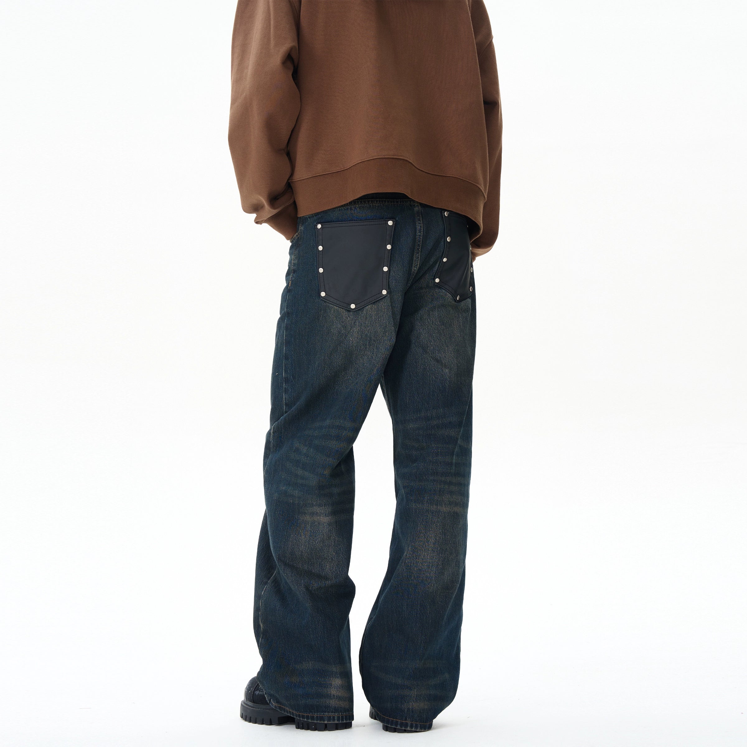 PU Leather Patch Pocket Jeans Edgy Men's Punk
