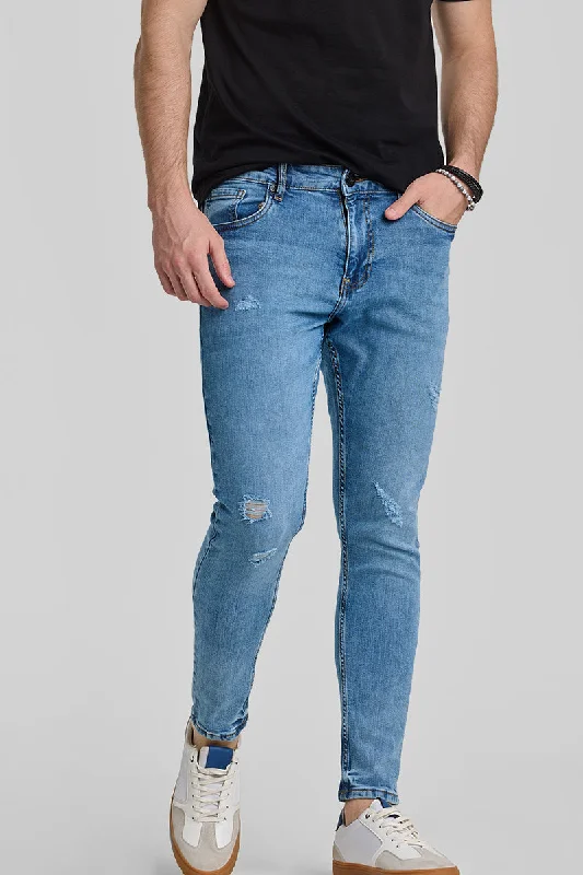 Blue Distressed Skinny Fit Jeans Unique Men's Upcycled