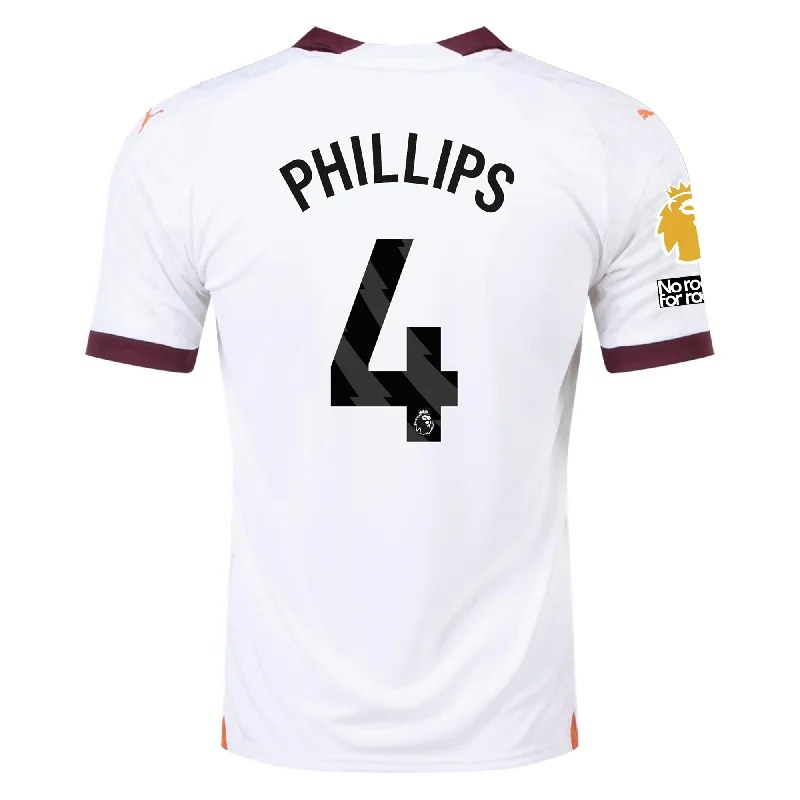 Puma Manchester City Kalvin Phillips Away Jersey w/ EPL + No Room For Racism Patches 23/24 (Puma White/Aubergine) Laid Puma Manchester City Kalvin Phillips Away Jersey w/ EPL + No Room For Racism Patches 23/24 (Puma White/Aubergine) Laid