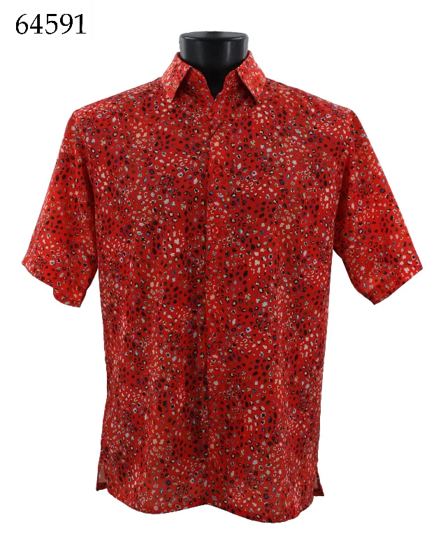 Bassiri Short Sleeve Button Down Casual Printed Men's Shirt - Cheetah Pattern Red #64591 Dynamic Men's Moto