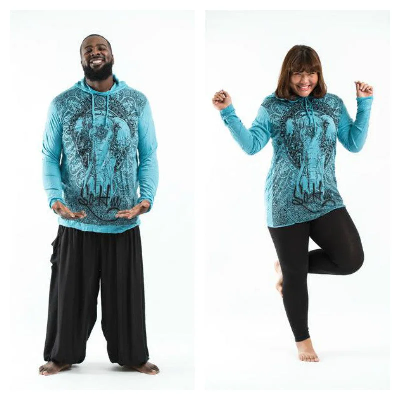 Plus Size Unisex Wild Elephant Hoodie in Turquoise Sleek Men's Contemporary 