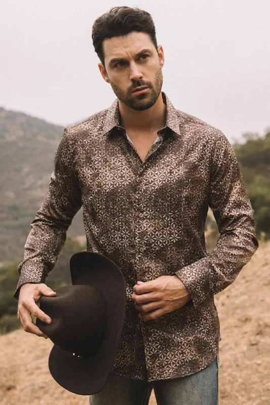 Mens Modern Fit Stretch Foil Fashion Brown Shirt Sophisticated Men's French