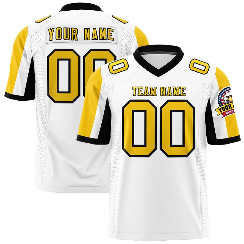 Custom White Gold-Black Color Block Personalized Raglan Sleeves Authentic Football Jersey Casual Men's Japanese Custom White Gold-Black Color Block Personalized Raglan Sleeves Authentic Football Jersey Casual Men's Japanese