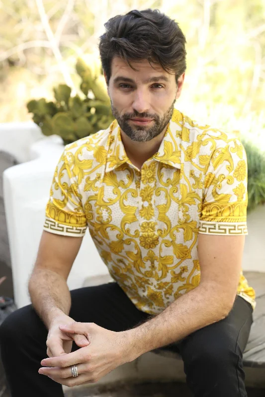 Mens Modern Fit Stretch Baroque Print Polo with Rhinestones Bold Men's Animal