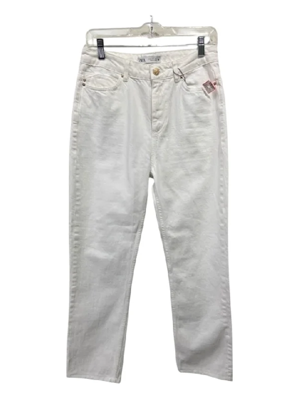 Zara Size 6/28 White Cotton Denim Button & Zip High Rise Slim Straight Jeans Hip Men's Retro