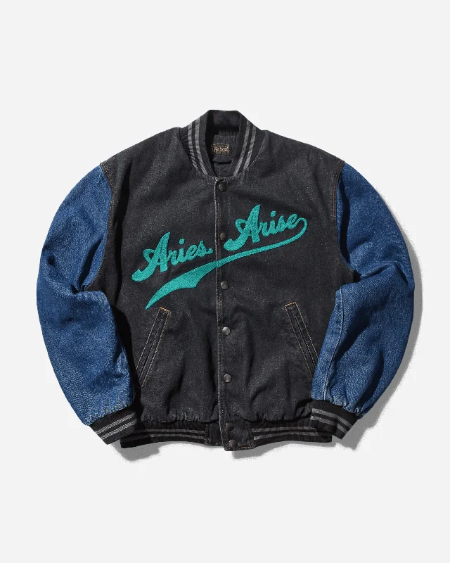 Men's Varsity Denim Jacket Black Streetwear Style
