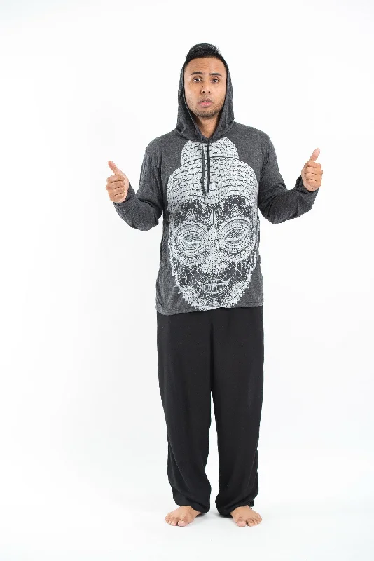 Unisex Buddha Head Hoodie in Silver on Black Modern Men's Geometric