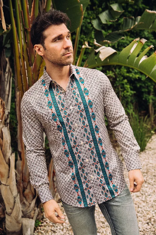 Mens Modern Fit Stretch Aztec Foiled Shirt - Beige Unique Men's Patch