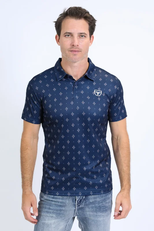 Mens Performance Fabric Print Navy Polo Confident Men's Power