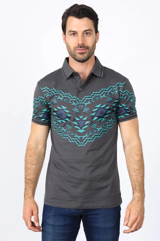 Men's Grey Aztec Panoramic Print Polo Minimalist Men's Casual 
