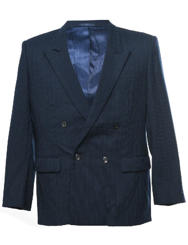 Navy Pinstriped Double-Breasted Blazer - L Traditional Men's Wool