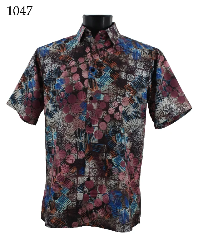 Bassiri Short Sleeve Button Down Casual Printed Men's Shirt - Abstract Pattern Pink #1047 Bold Men's Animal