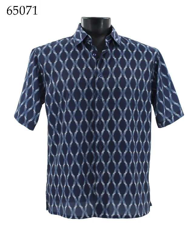 Bassiri Short Sleeve Button Down Casual Printed Men's Shirt - Diamond Pattern Navy #65071 Bohemian Men's Free