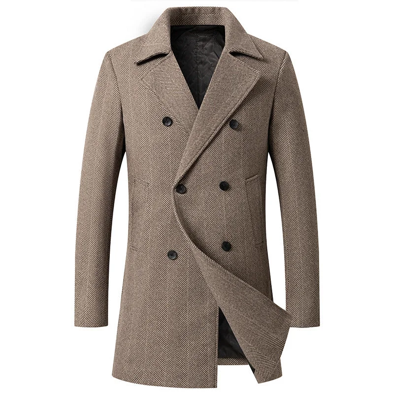 Men's Plaid Double-Breasted Wool Coat Classic Men's Pin