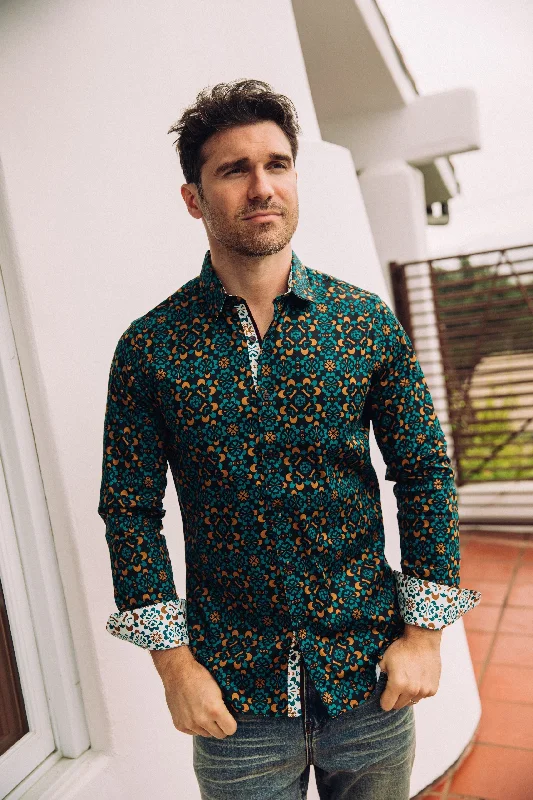 Small Print Satin Cotton/Spandex Long Sleeve Shirt Gym