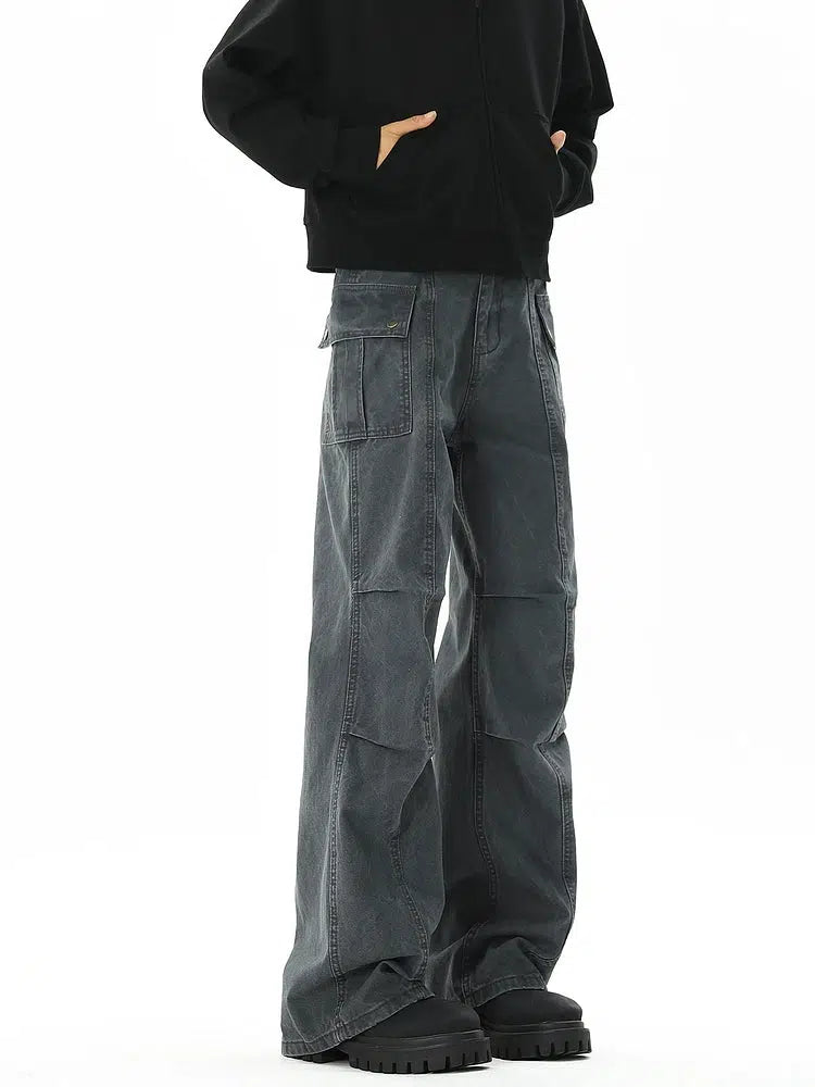 Wide-Leg Washed Denim Pants Luxurious Men's High