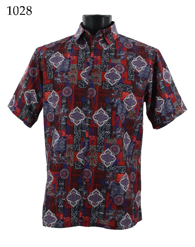 Bassiri Short Sleeve Button Down Casual Printed Men's Shirt - Abstract Pattern Red #1028 British Gentleman Style