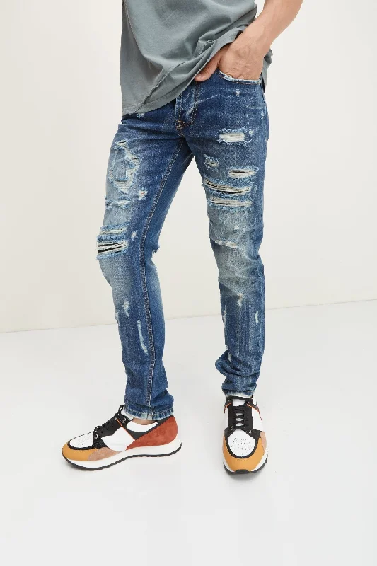 Slim Straight Cotton Denim Jeans - Navy Polished Men's Silk